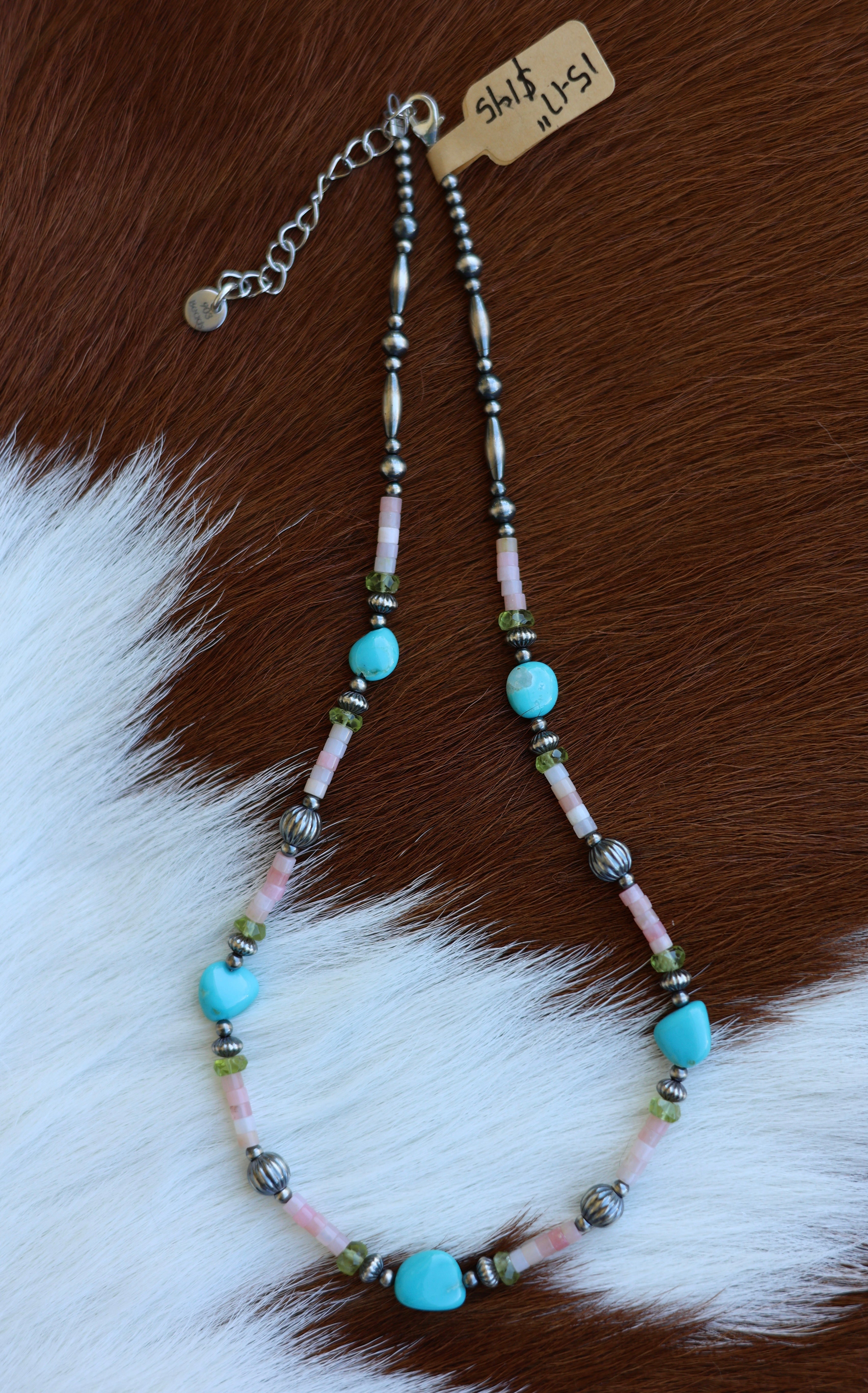 Armenian Turquoise, Pink Opal, & Peridot Necklace 15-17”