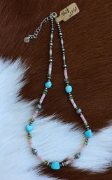 Armenian Turquoise, Pink Opal, & Peridot Necklace 15-17”