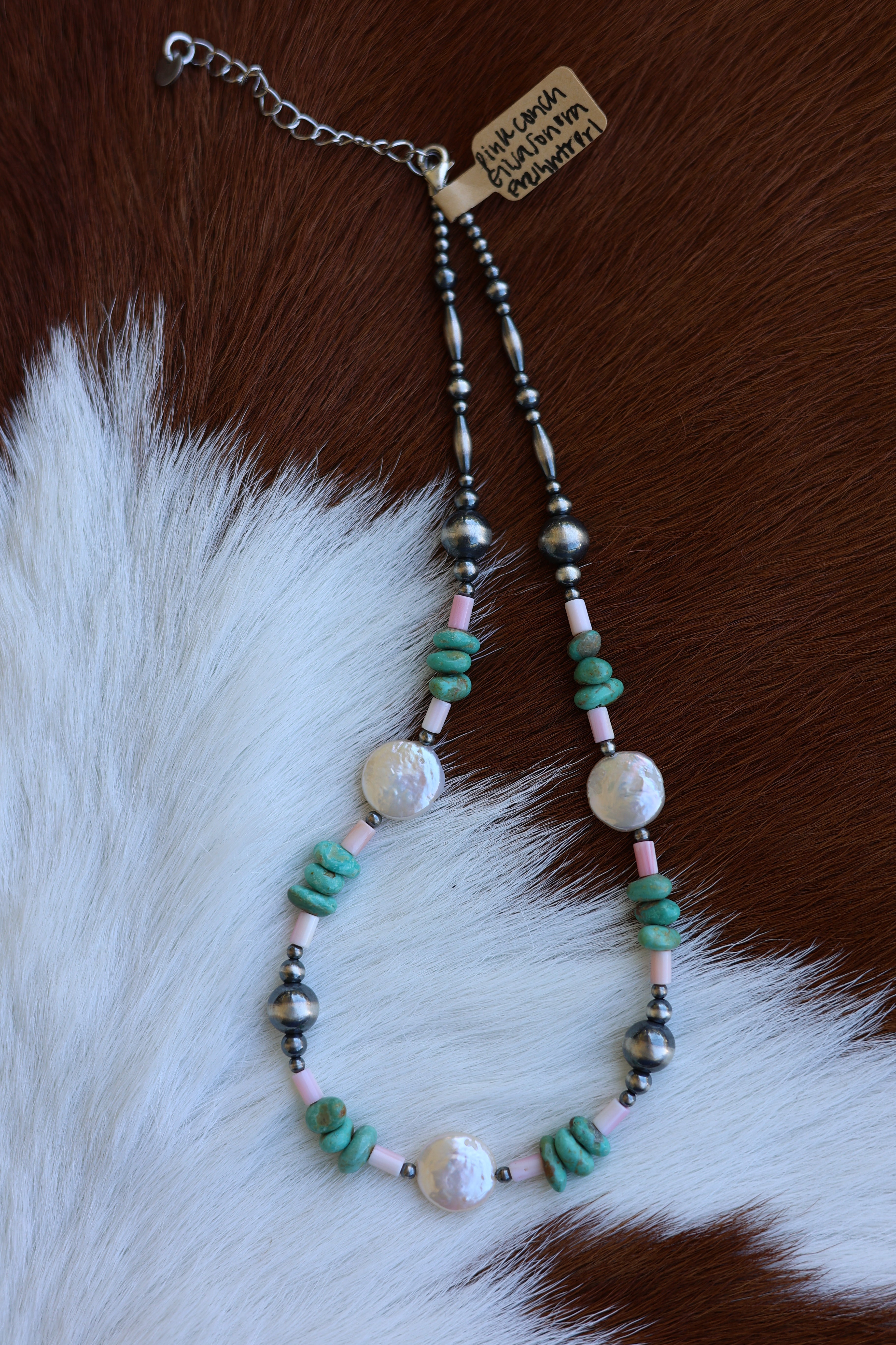 Elisa Sonora Turquoise, Pink Conch, & Freshwater Pearl Necklace 14-16”