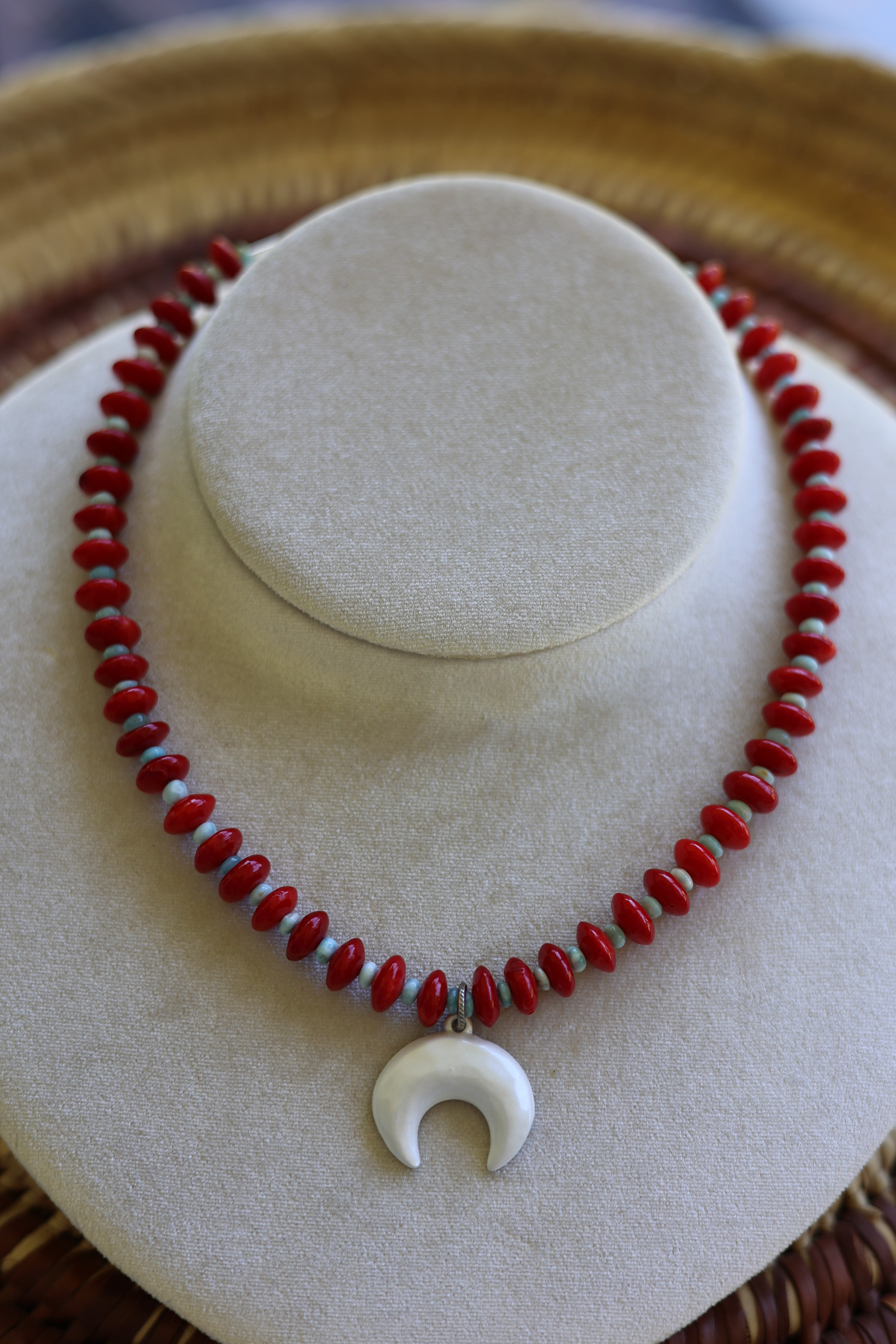 Coral & Larimar Crescent Necklace 16-18”