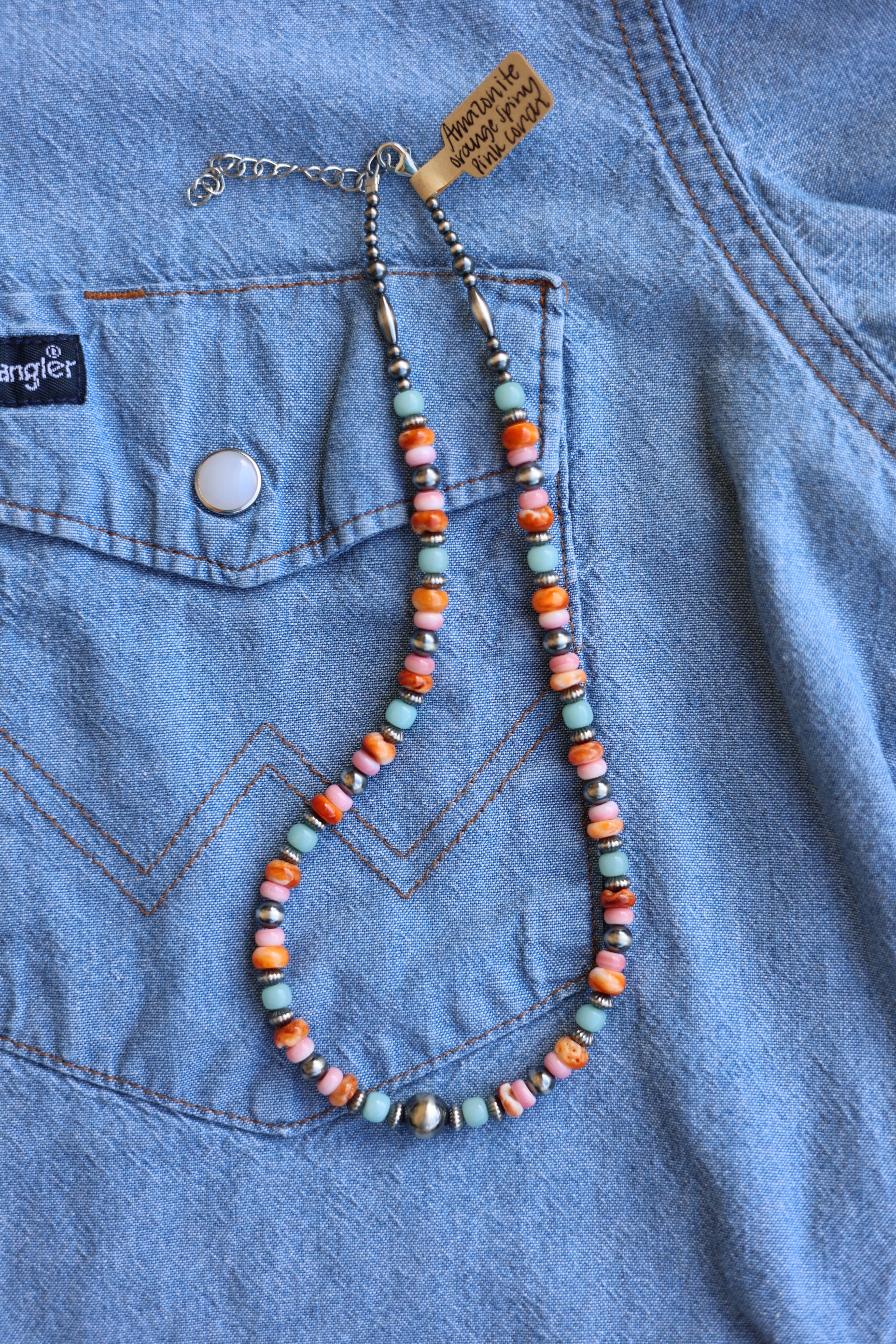 Orange Spiny, Pink Conch, & Amazonite Necklace 15-17”