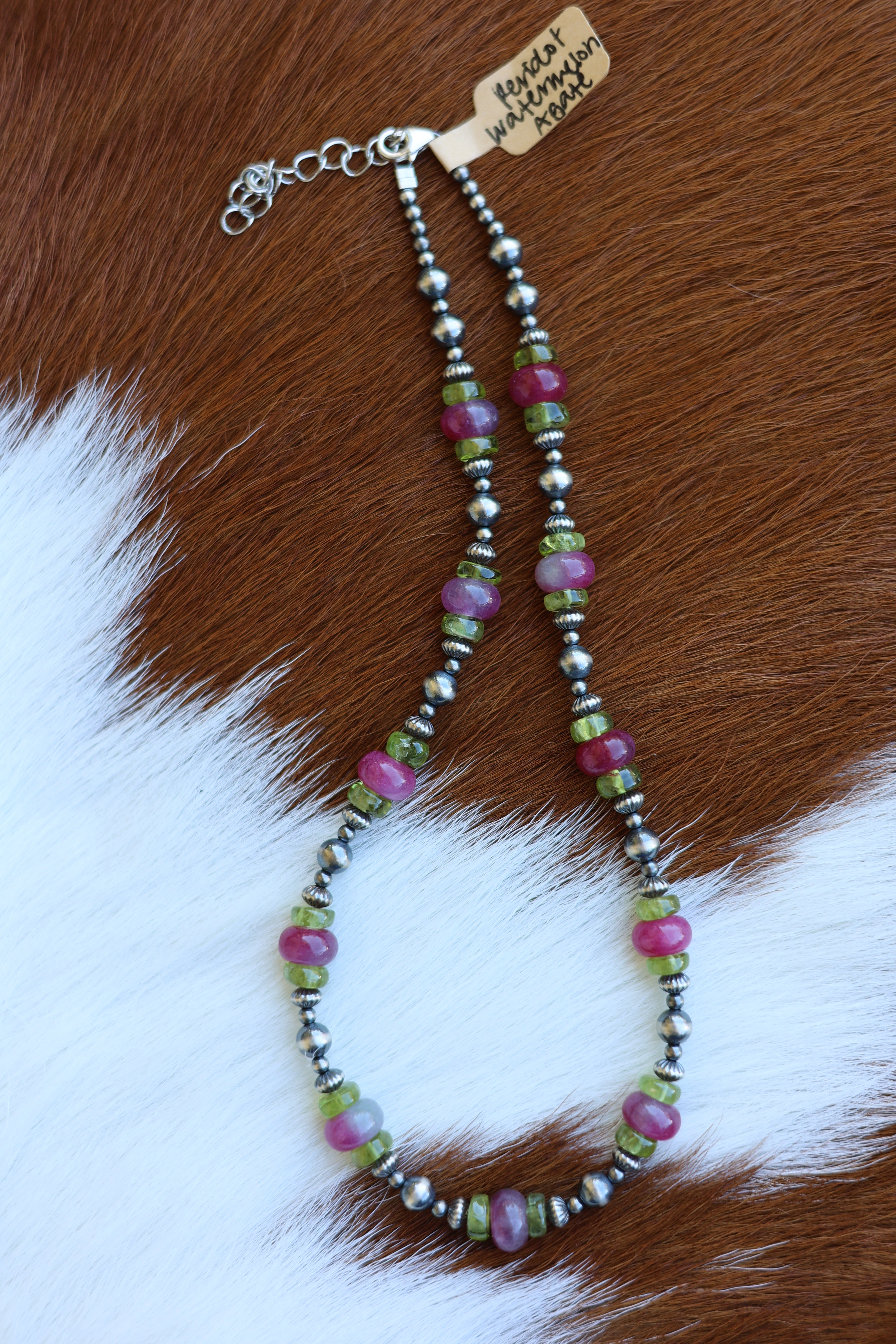 Watermelon Agate & Peridot Necklace 14-16”