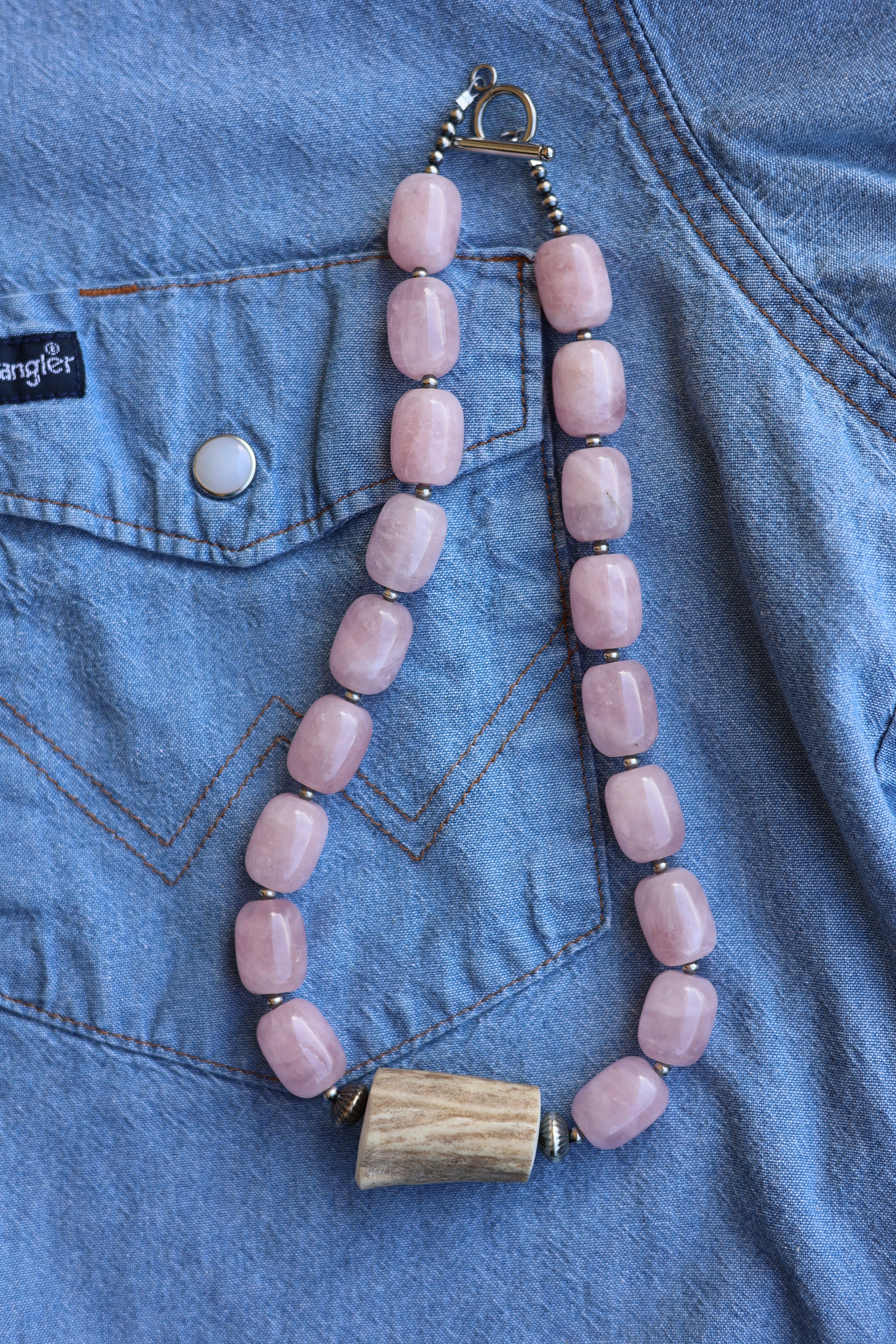 Rose Quartz & Deer Antler Necklace 17”