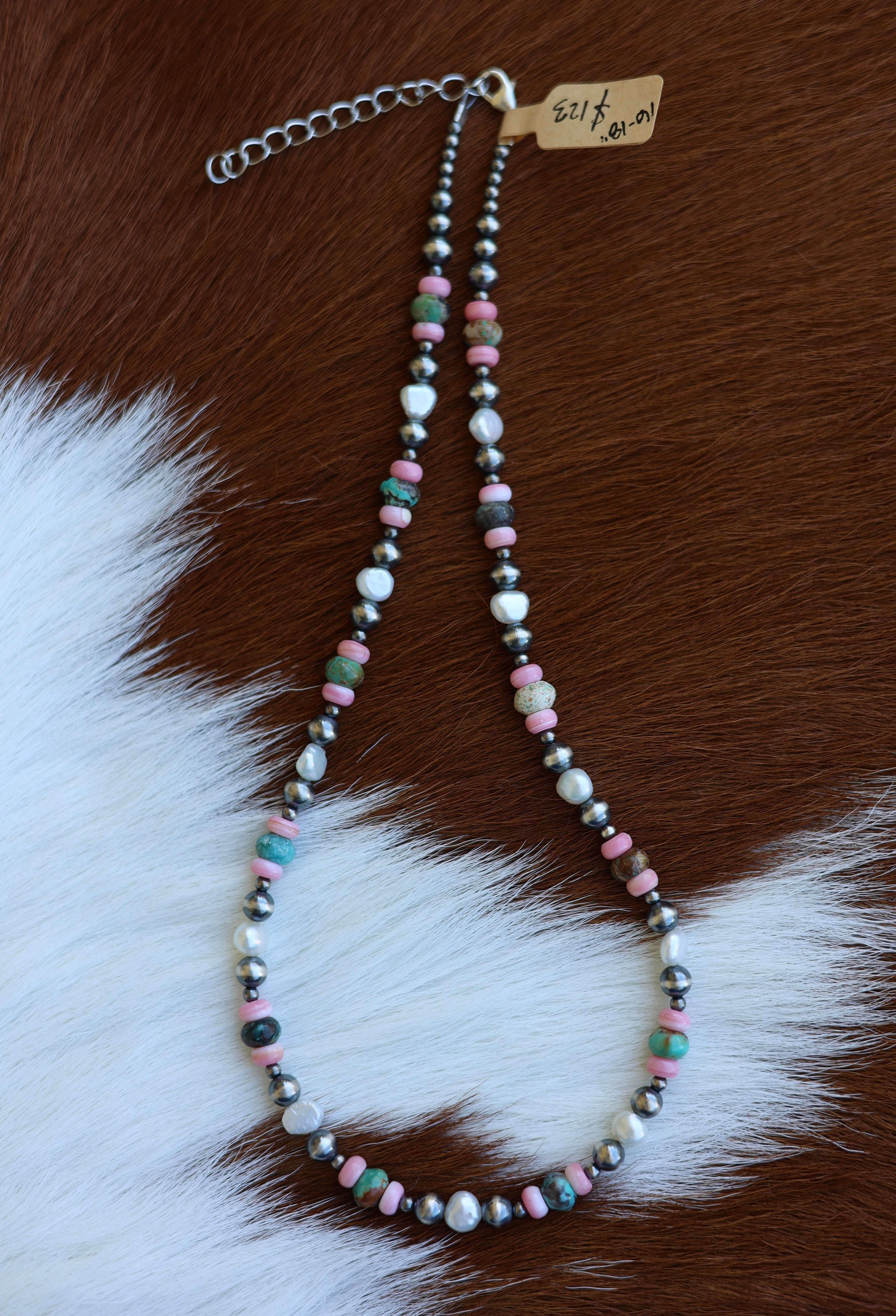 Hubei Turquoise, Pink Conch, & Freshwater Pearl Necklace 16-18”