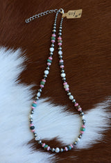 Hubei Turquoise, Pink Conch, & Freshwater Pearl Necklace 16-18”