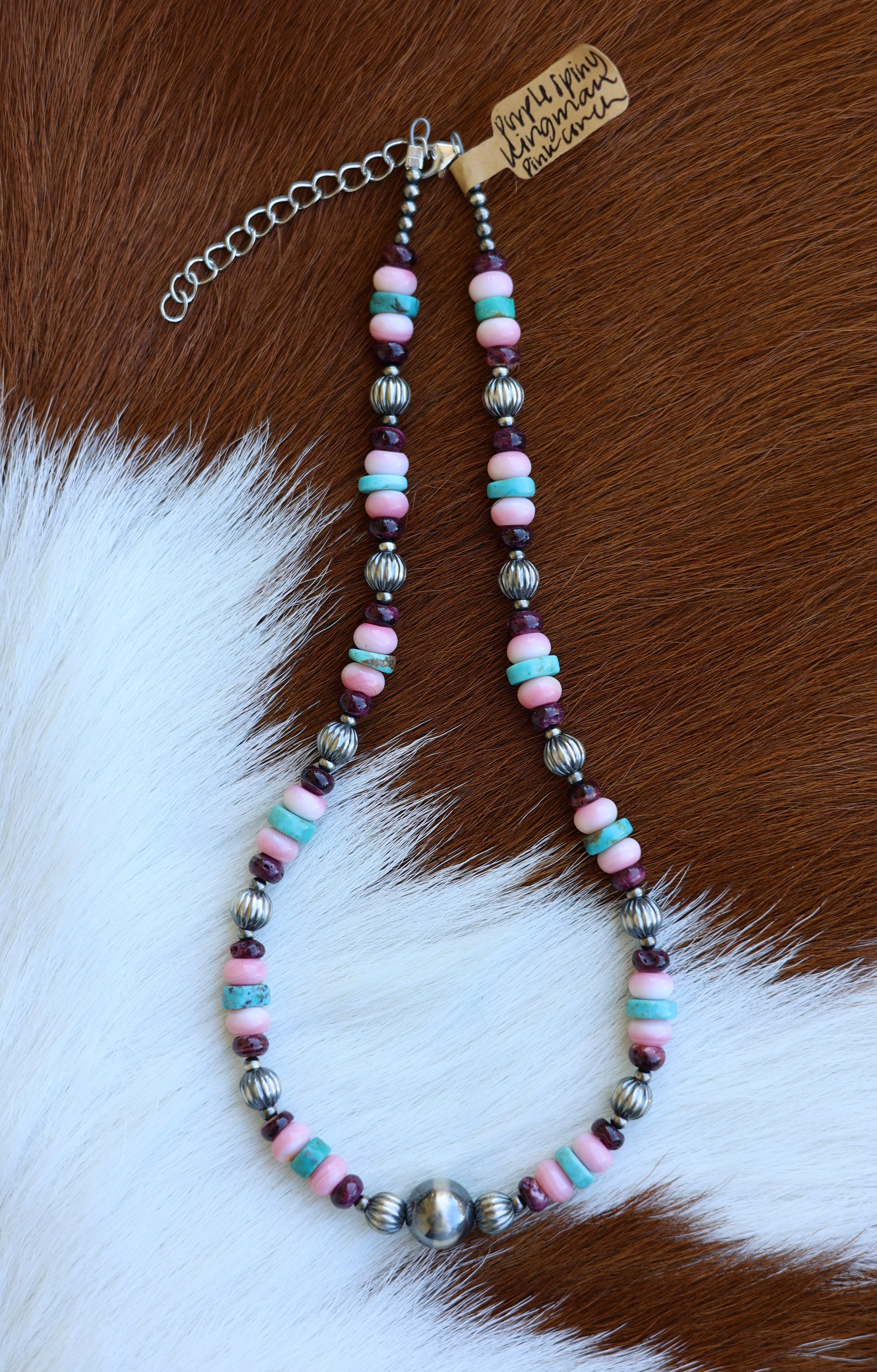 Kingman Turquoise, Pink Conch, & Purple Spiny Necklace 14-16”
