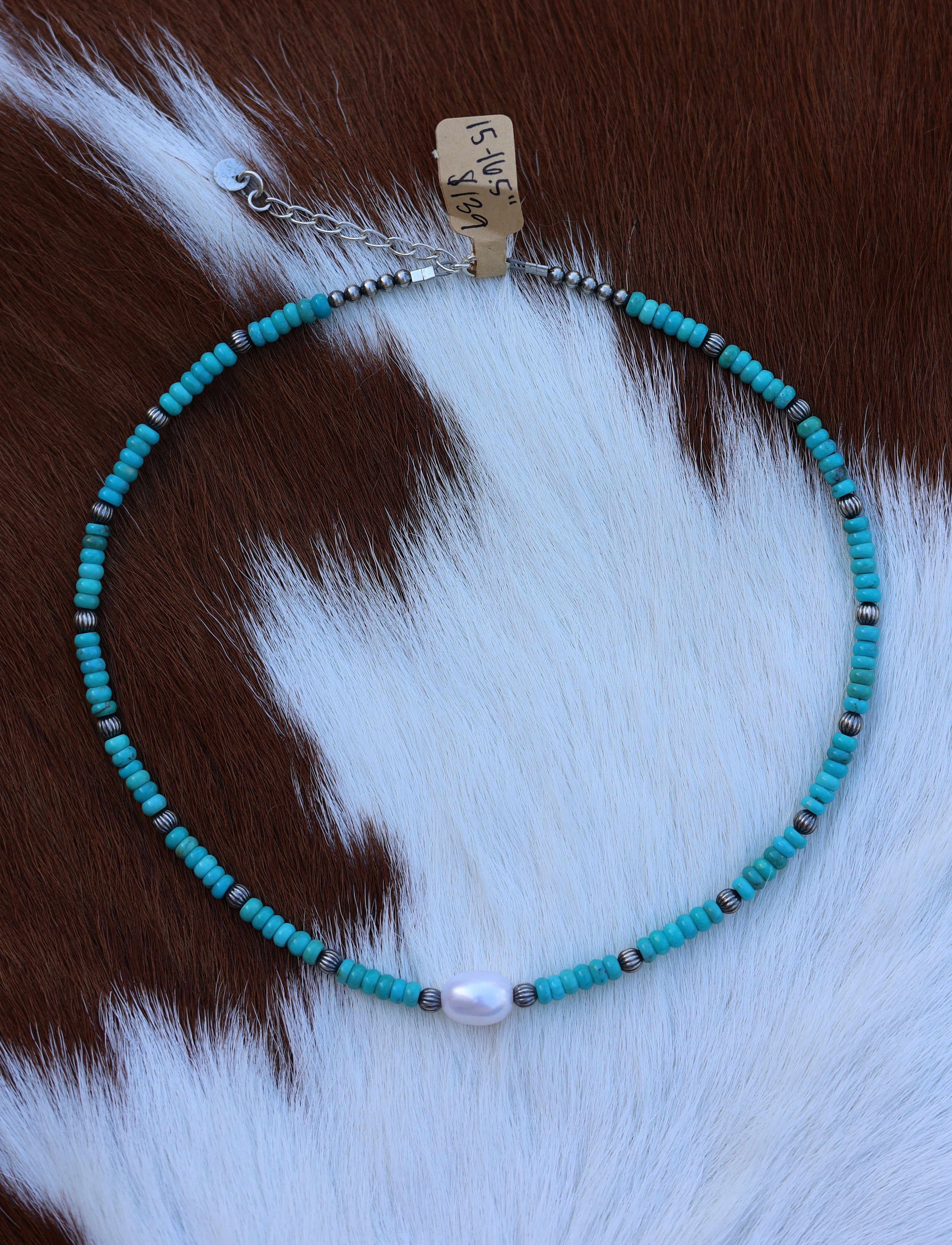 Sonoran Turquoise & Freshwater Pearl Necklace 15-16.5"o