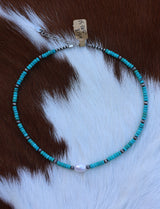 Sonoran Turquoise & Freshwater Pearl Necklace 15-16.5"o
