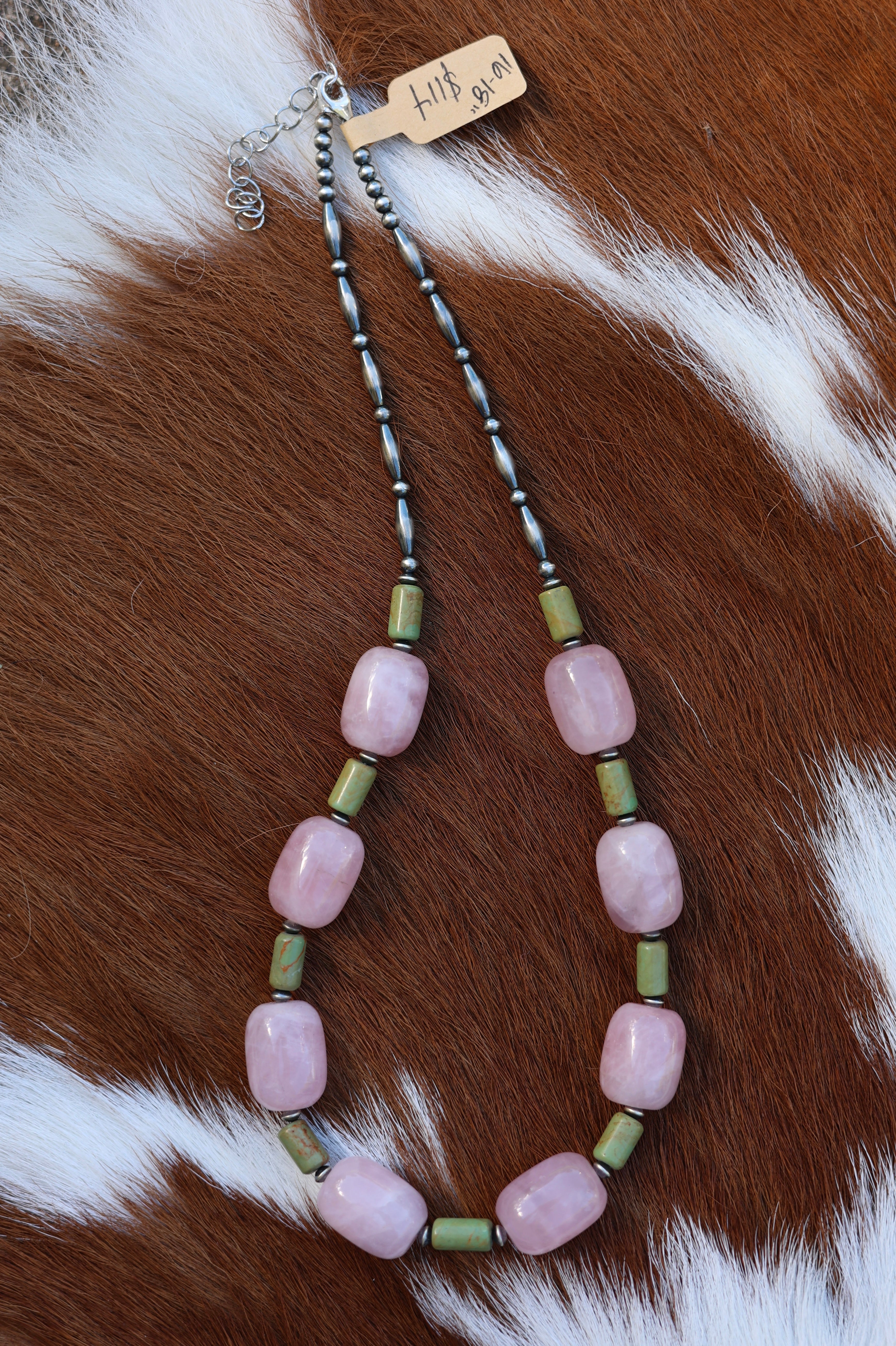 Green Kingman Turquoise & Rose Quartz Necklace 16-18”