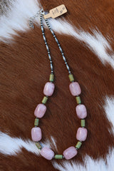 Green Kingman Turquoise & Rose Quartz Necklace 16-18”