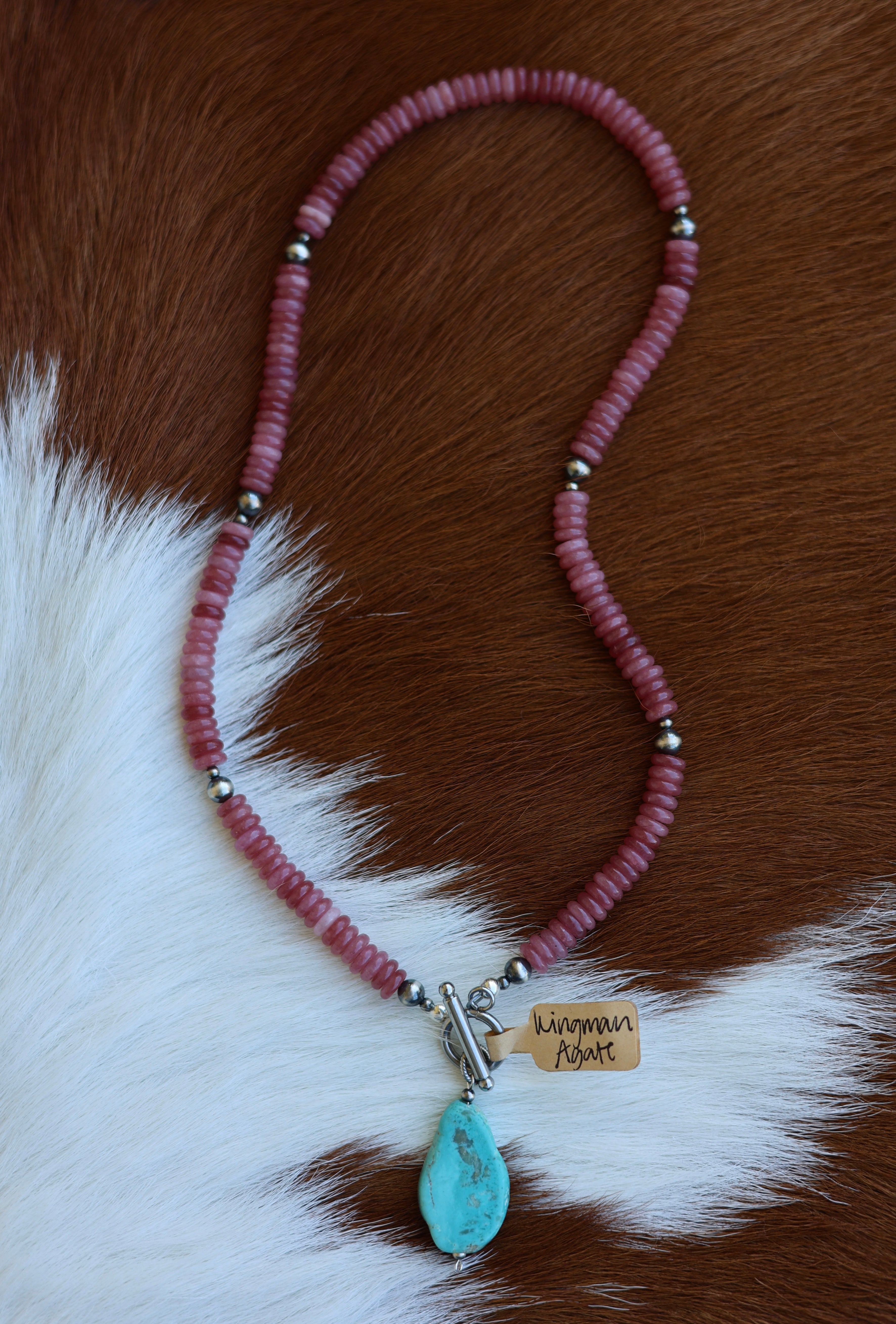 Watermelon Agate & Kingman Slab Necklace 18”