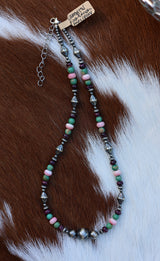 Campitos Turquoise, Pink Conch, Purple Spiny Necklace 15.5-17.5”