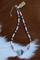Pink Conch & #8 Turquoise Heart Necklace 14-16”