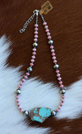 Pink Conch & #8 Turquoise Slab Necklace 14-16”