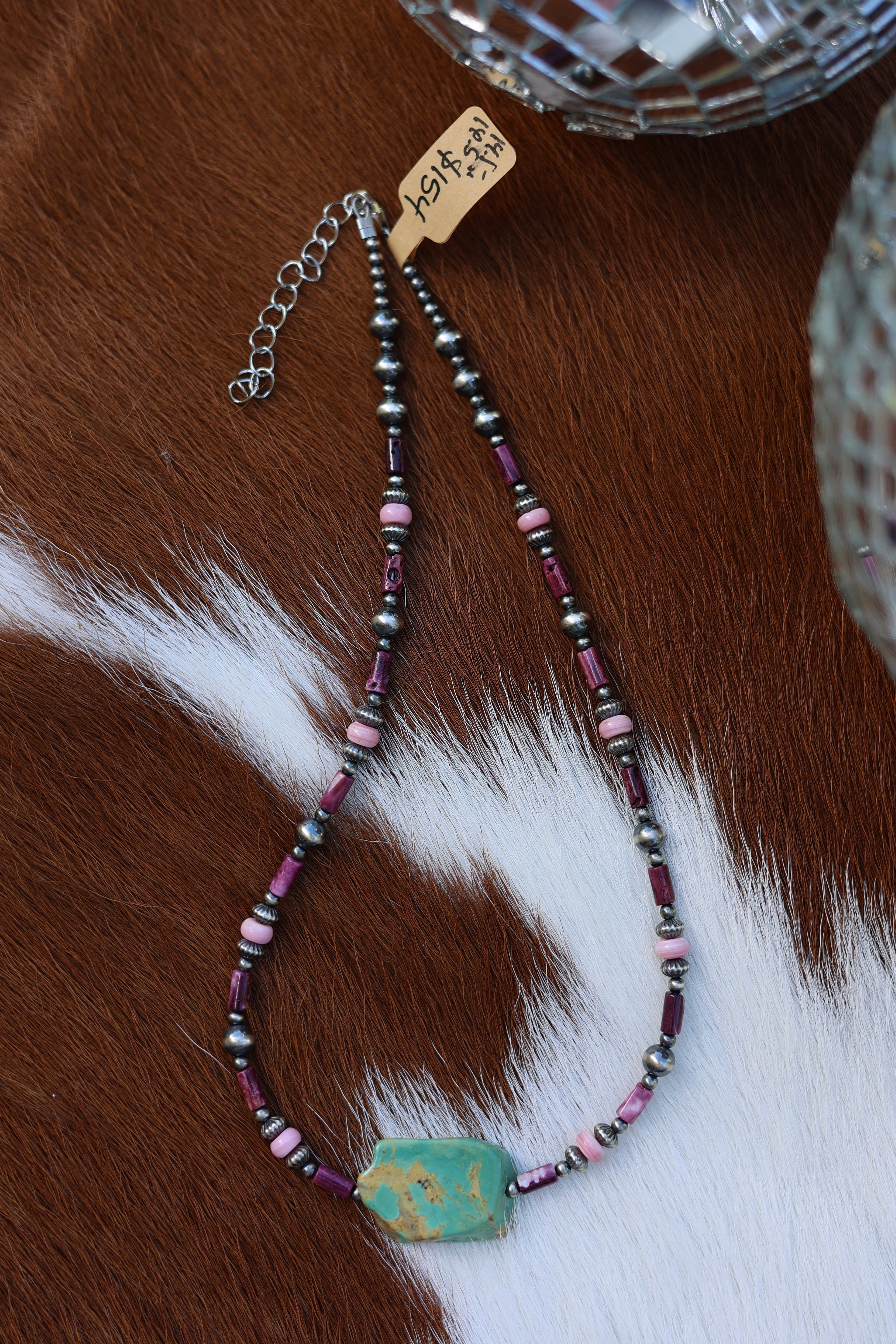 Purple Spiny, Pink Conch, & Kingman Turquoise Slab Necklace 14.5-16.5”
