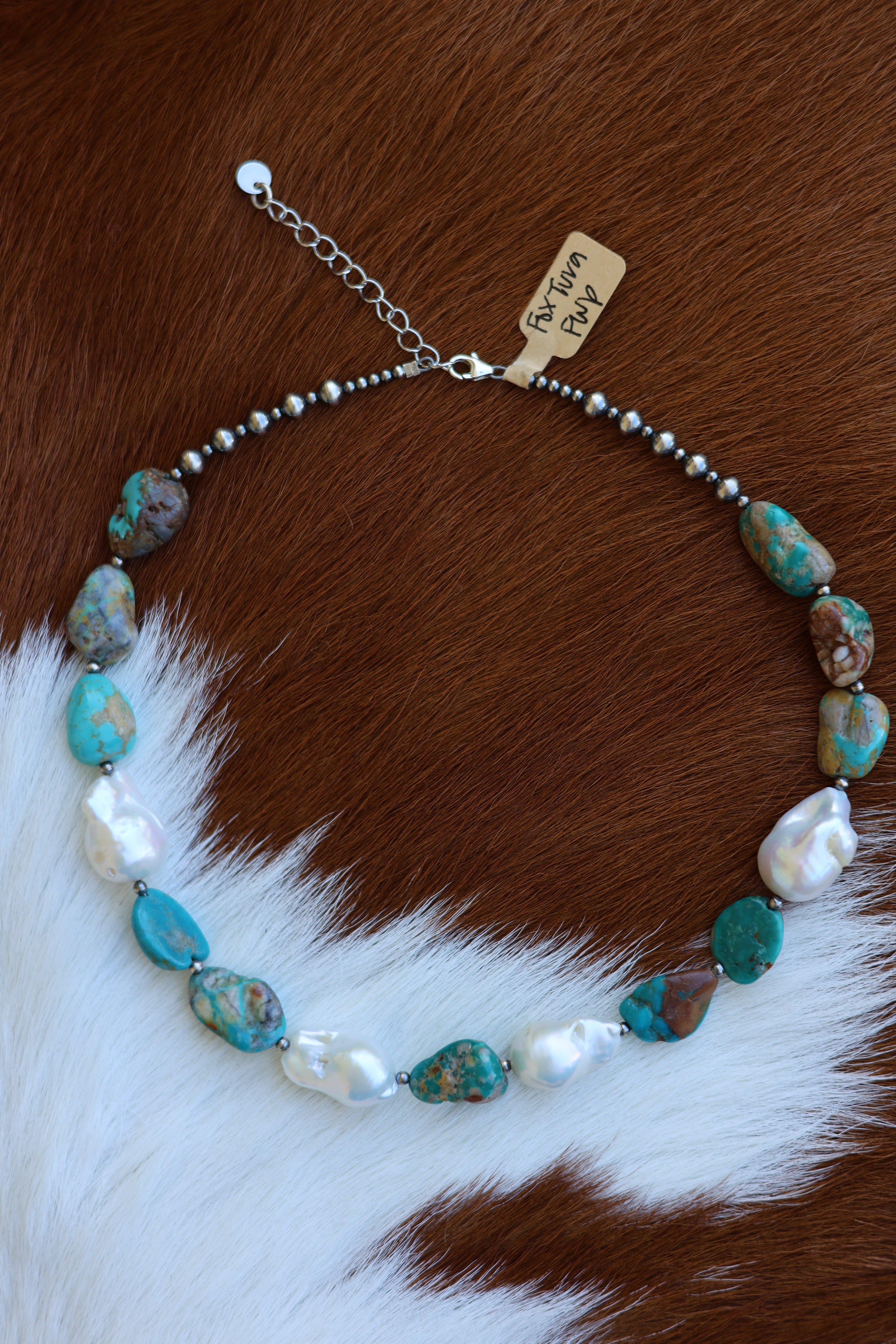 Fox Turquoise & Freshwater Pearl Necklace 16-18”