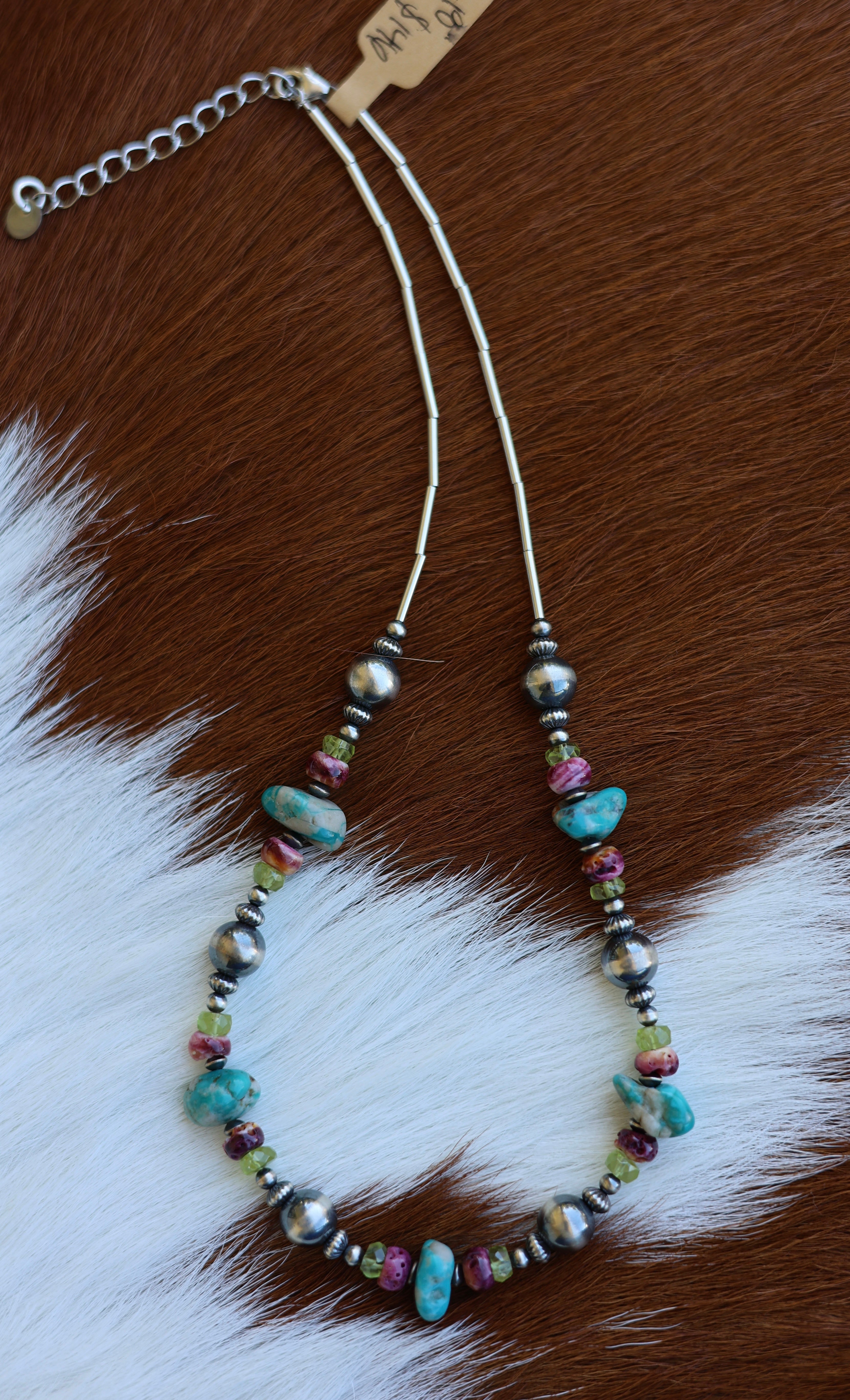 Fox Turquoise, Purple Spiny, & Peridot Necklace 16-18”