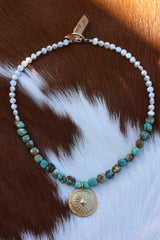 #8 Turquoise & Freshwater Pearl Gold Concho Necklace 16”