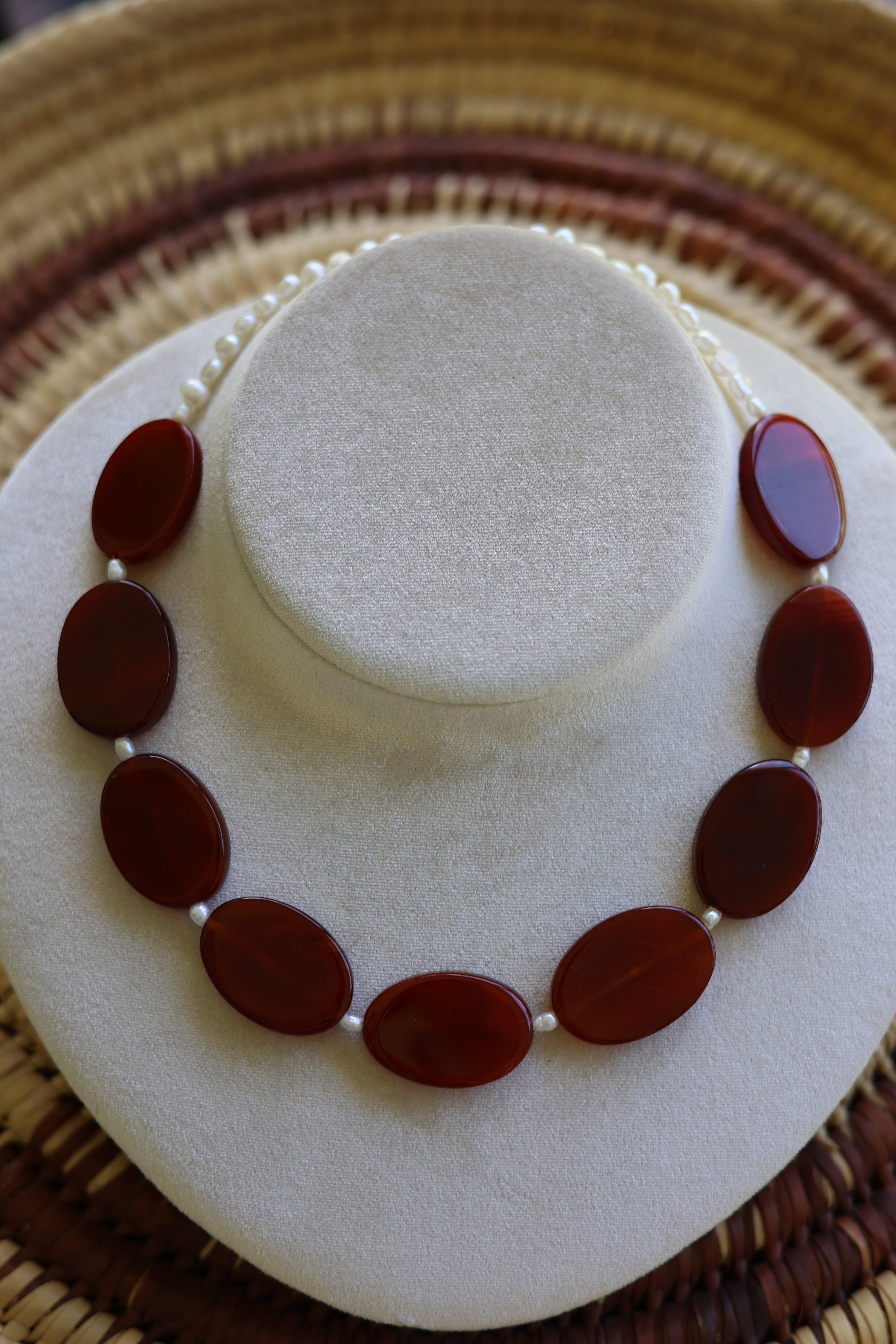Red Carnelian & Freshwater Pearl Necklace 17-19”