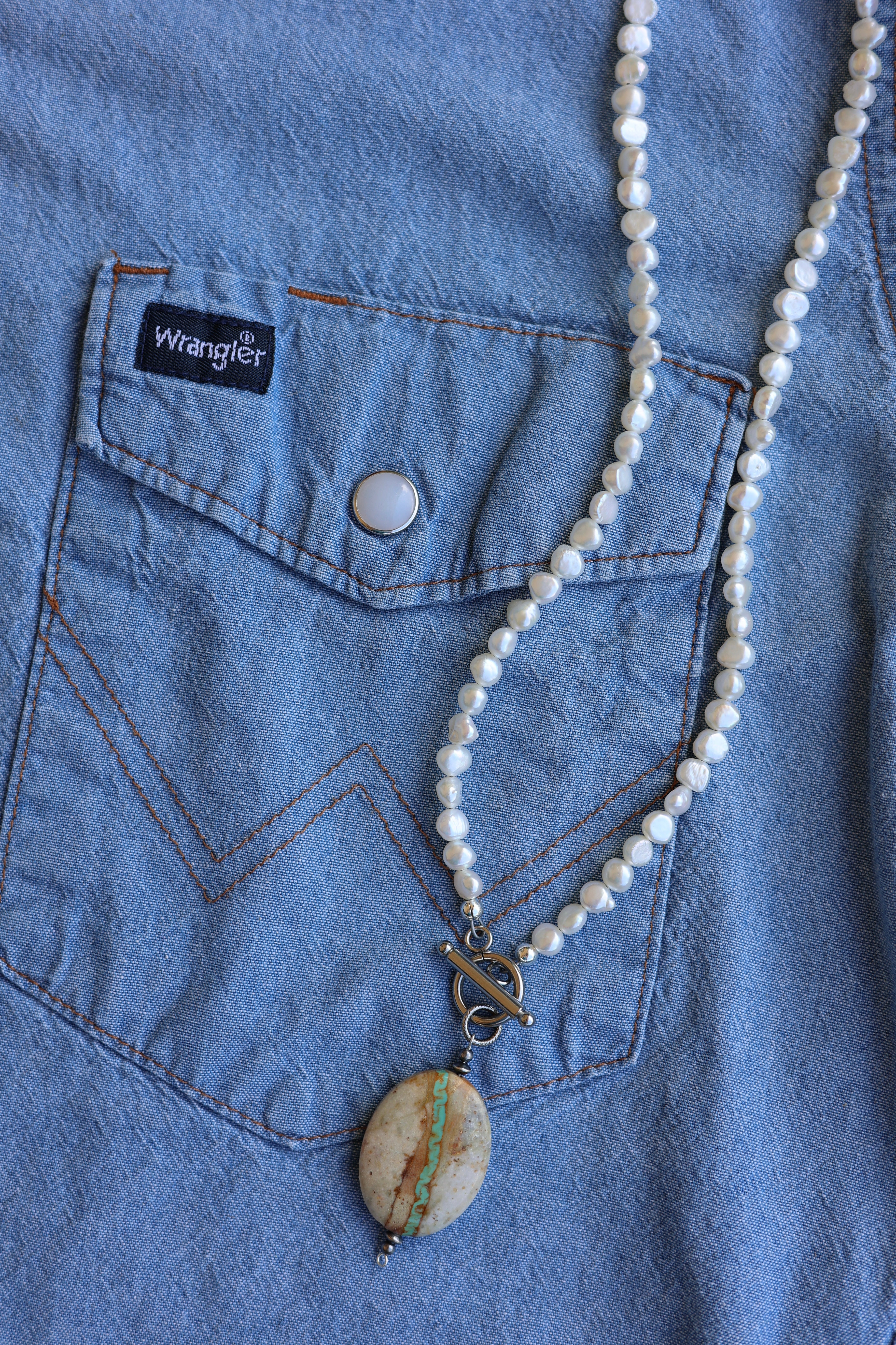 Royston Ribbon Turquoise & Freshwater Pearl Necklace 17”