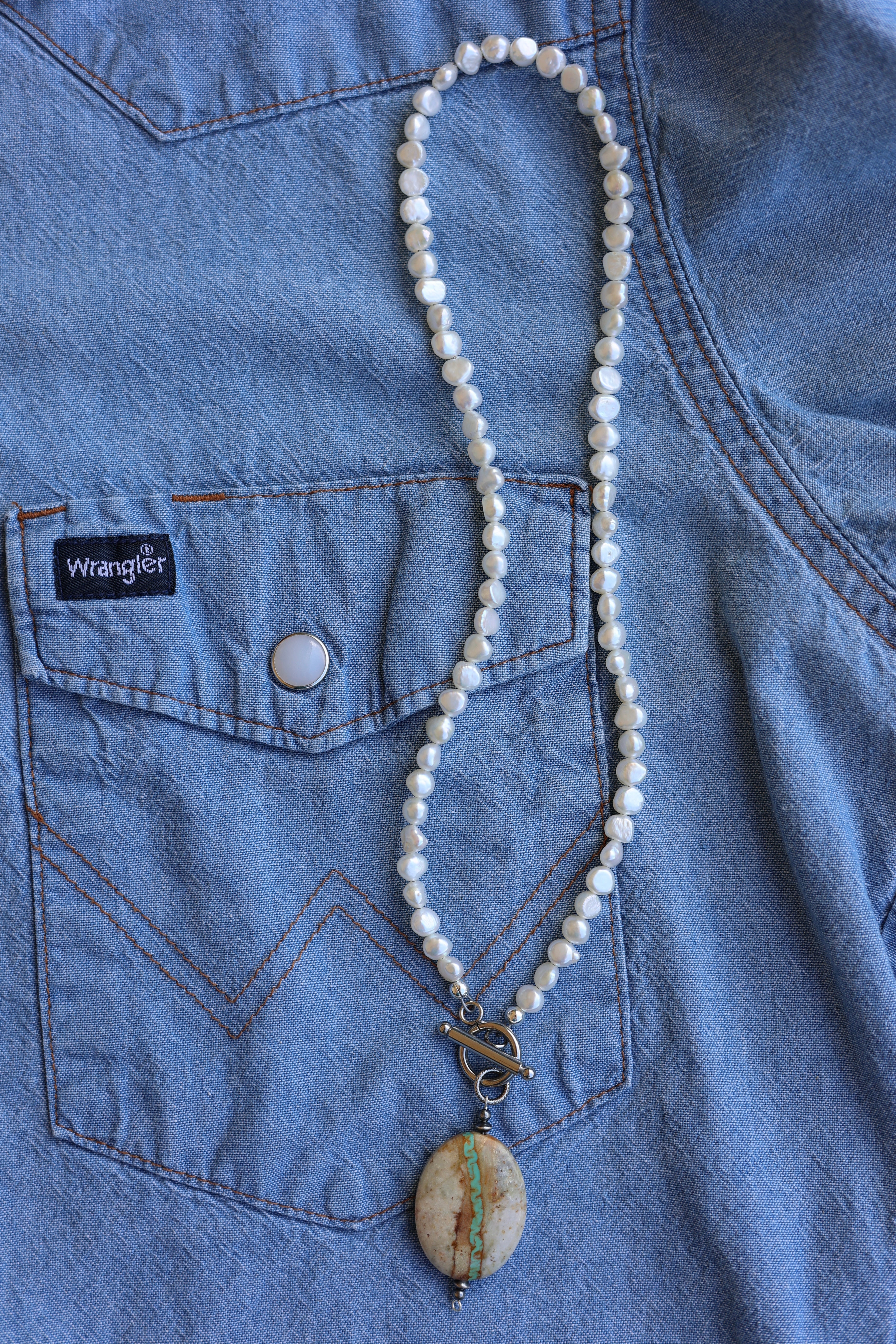 Royston Ribbon Turquoise & Freshwater Pearl Necklace 17”