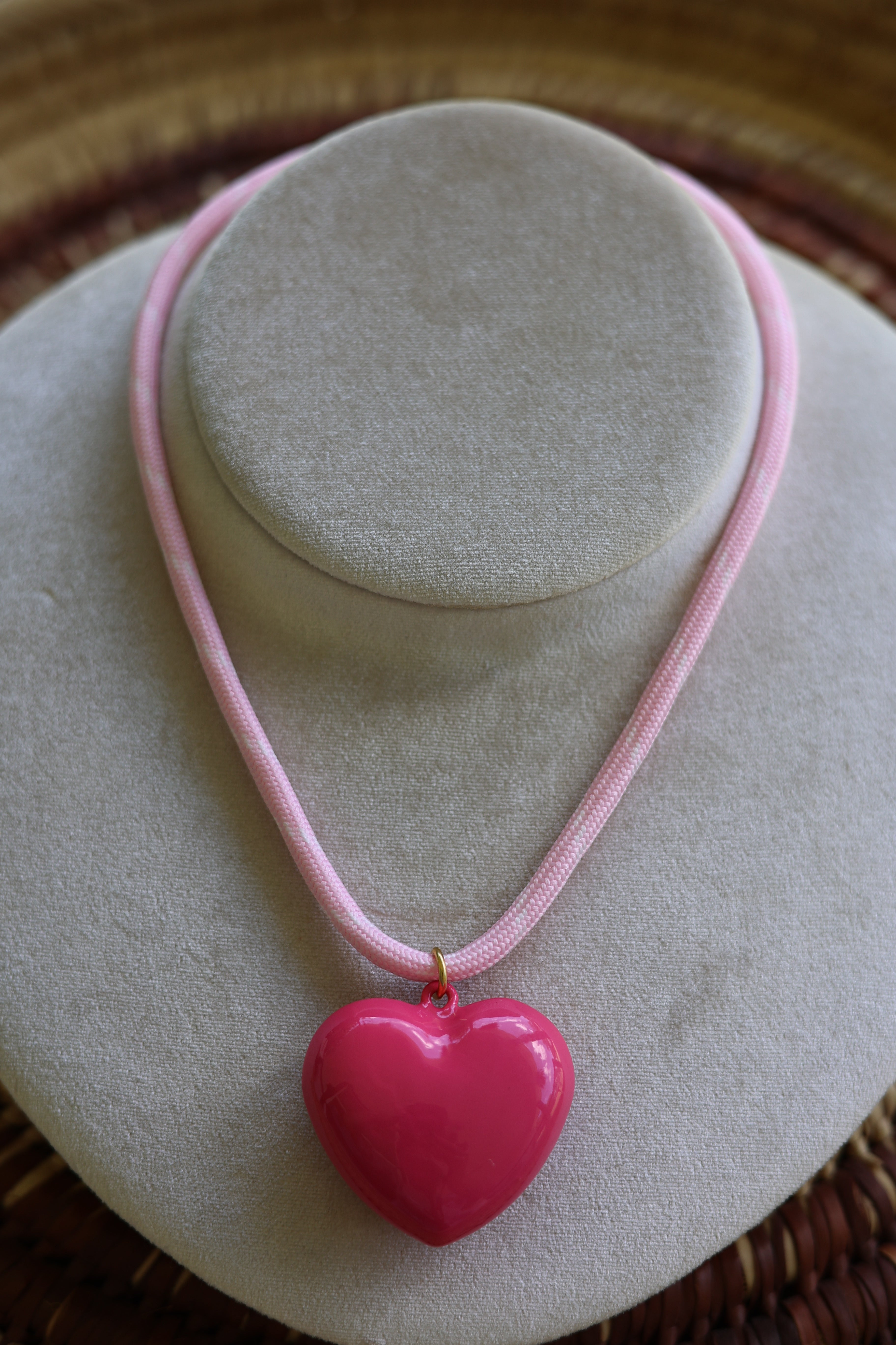 Pink Cord & Heart Necklace 16-18”