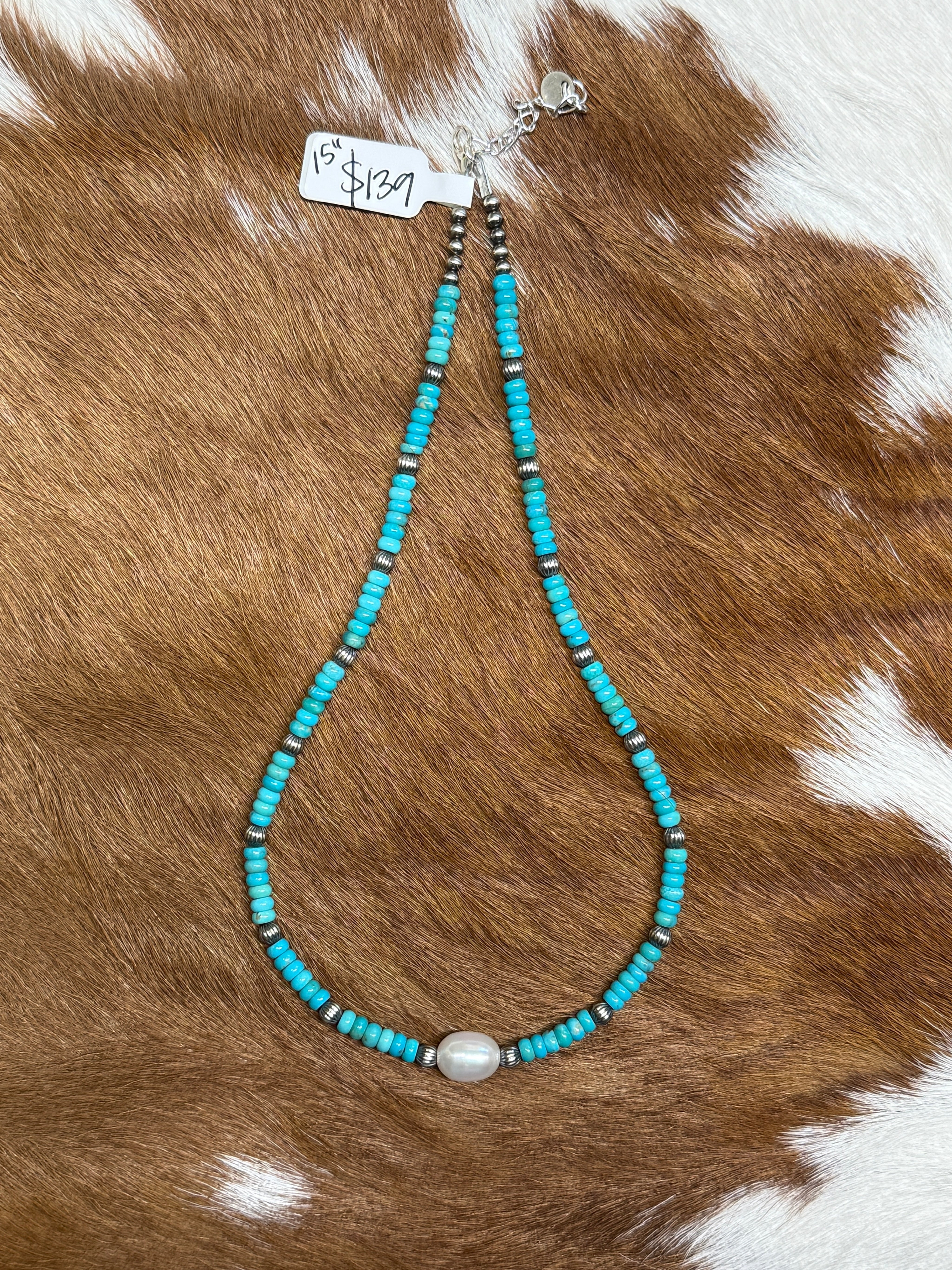 Turquoise & Freshwater Pearl Necklace 15-16.5"